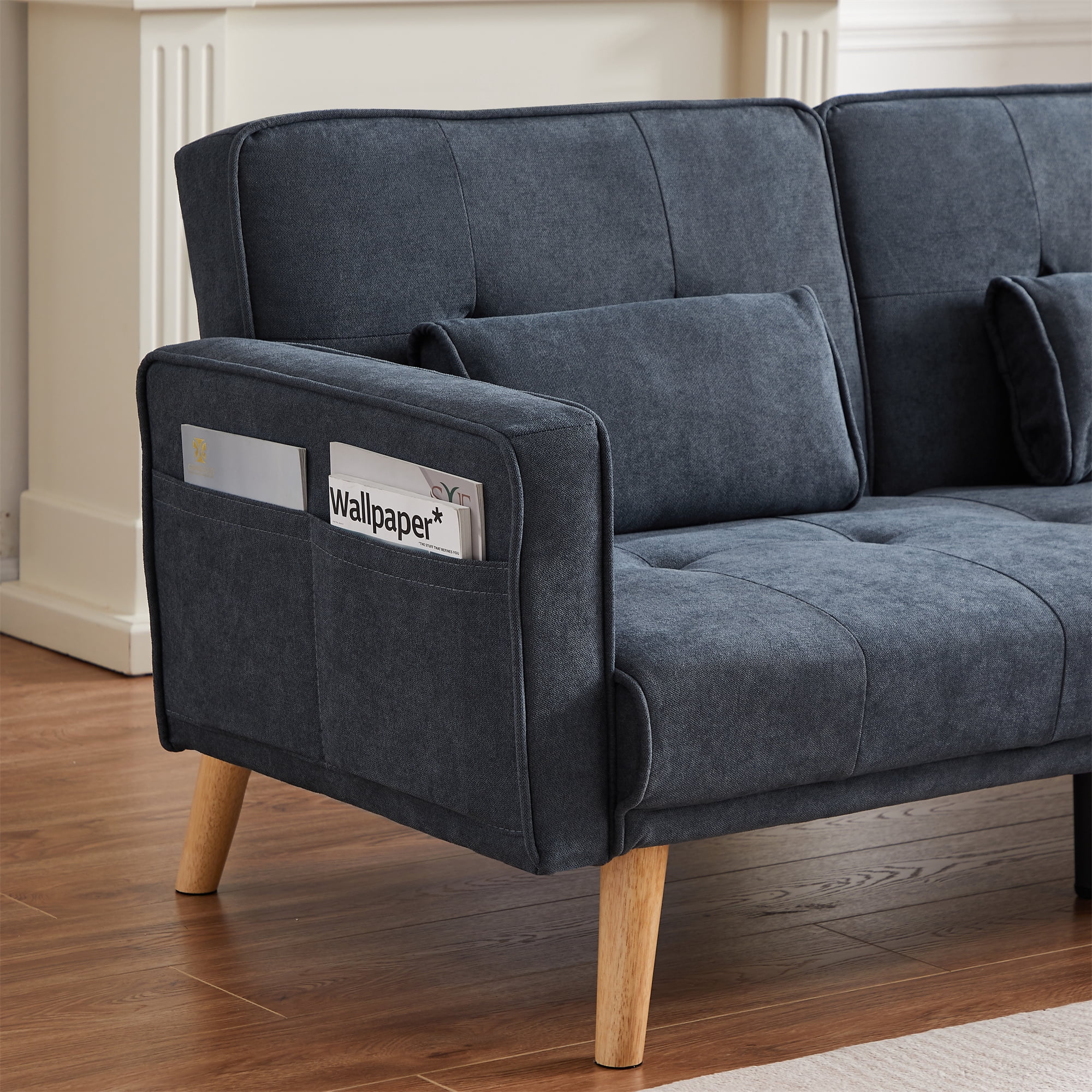 Aukfa 94" Futon Sofa Bed, Convertible Sleeper Sofa for Living Room, Right Facing Chaise, Linen, Gray