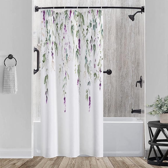 Stall 36"x72" Watercolor Leaves Flowers Shower Curtain Set with Hooks,Green and Purple with Floral Bathroom Curtain,Modern Minimalist Waterproof Bath Curtains for Bathroom Decor