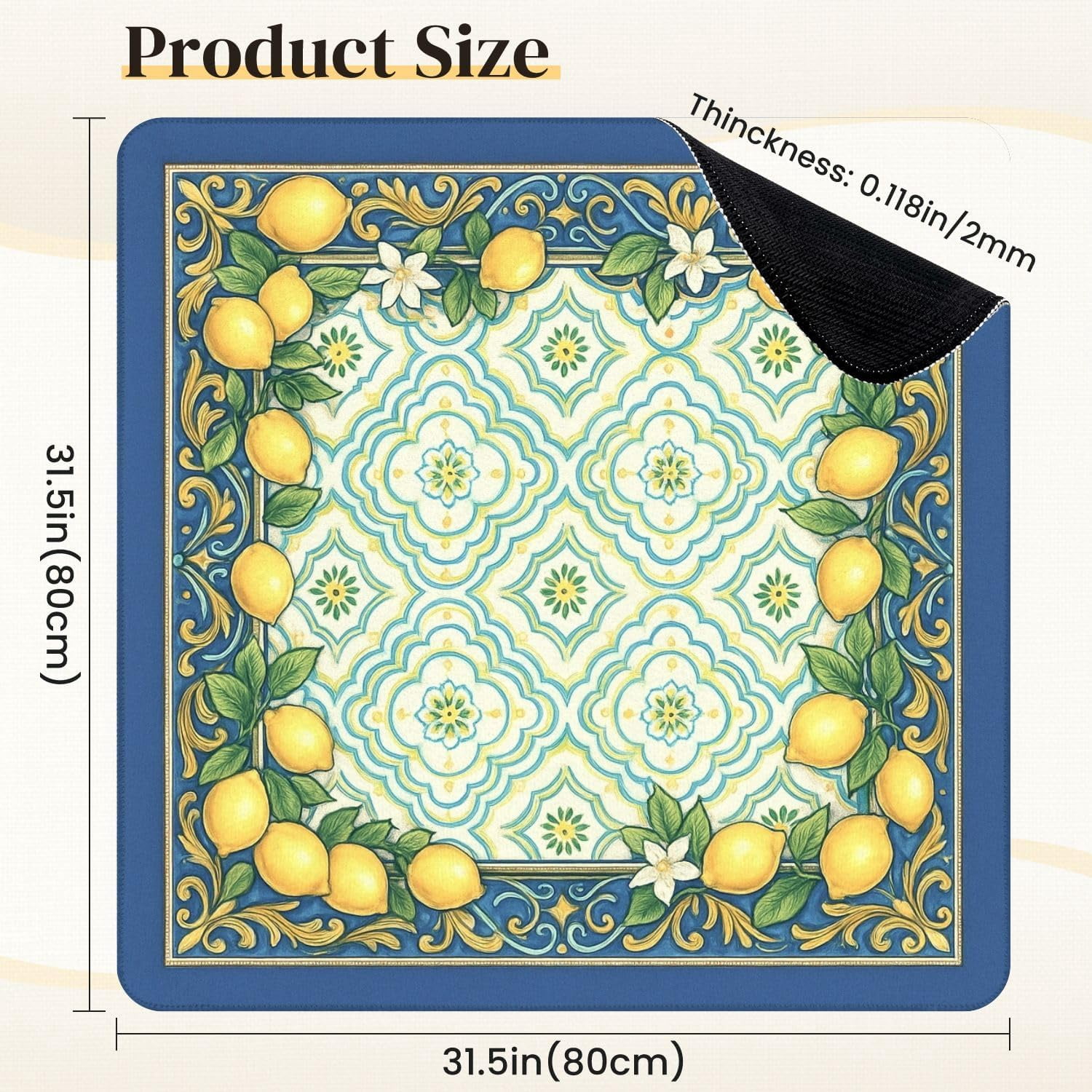 Mahjong Mat for Table Lemon Floral Tile Blue Yellow Details 31.5" x 31.5" Non-Slip Noise-Reducing Game Mat Premium Mahjong Accessories for Poker Dominoes Board Games