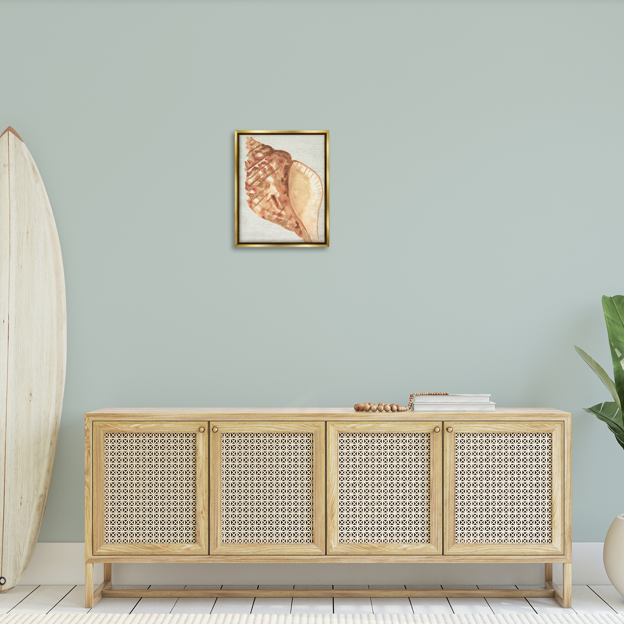 Stupell Industries Tan Conch Shell Nautical & Beach Painting Gold Floater Framed Canvas Art Print Wall Art, 17 x 21