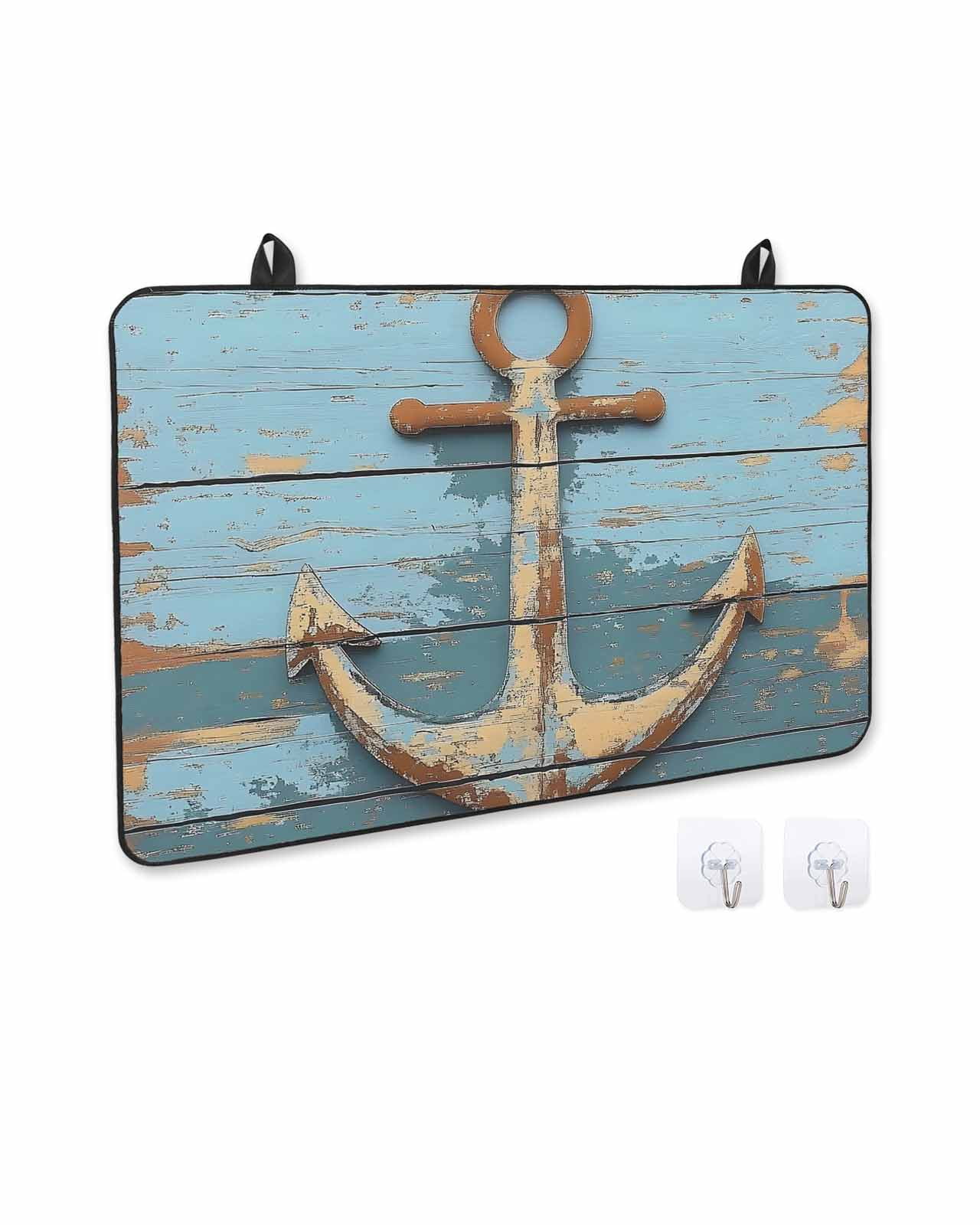 nqOlkjepod Large Induction Cooktop Protector Mat 28.5"x20.5", Brown Nautical Anchor Stove Top Covers for Electric Stove, Vintage Rustic Blue Wooden Plank Stove Burner Cover Mats Stove Cover