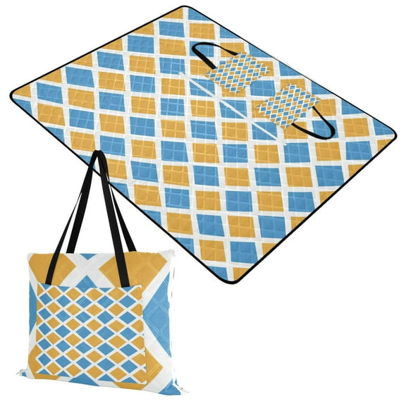 Extra Large Picnic Beach Blanket Waterproof Sand Proof Portable Outdoor Mat Blue Yellow Block 60x80
