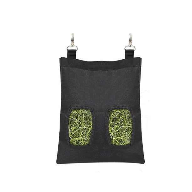 Alimentador de heno de conejo, bolsa de heno de conejo para conejos, 2 agujeros de gran capacidad 600D tela Oxford bolsa de comedero de heno colgante para animales pequeños (negro)