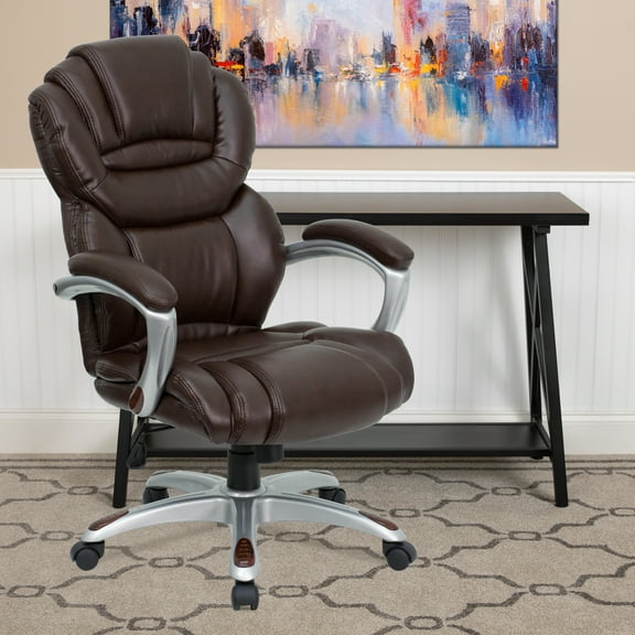 EMMA   OLIVER High Back Leather Soft Office Chair with Arms, Brown