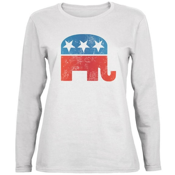 Distressed Republican Elephant Logo White Womens Long Sleeve T-Shirt - Medium