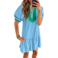 thumbnail image 6 of Short Sleeve Women Color Block V Neck Ruffle Mini Dress, 6 of 6