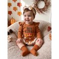 thumbnail image 4 of RUINIXCW Baby Girls Thanksgiving Outfits Flying Sleeve Letter Print Romper Turkey Print Tiered PP Shorts Headband Leg Warmers Sets, 4 of 9