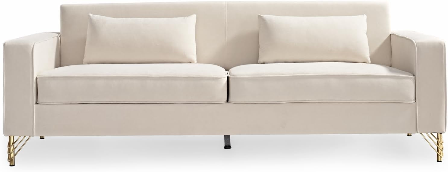 US Pride Furniture Aesthetic Velvet Sofas for Living Room 3 Seater Couch with Classic Modern Appeal and Luxurious Soft Comfort Easy to Maintain 85.8Wx30.7Dx31.5H Beige