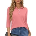 thumbnail image 2 of Bbyeadc Women's Polo Shirts 3/4 Length Sleeve Collared Top Button Solid Color Top Casual Daily Shirt,Watermelon Red(M), 2 of 5
