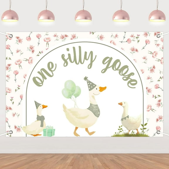 5x3FT Goose Theme First Birthday Cute Backdrop Pink Flower One Silly Goose Banner Background for Girls Farm Animal Themed Birthday Baby Shower Photo Booth Props Party Decorations
