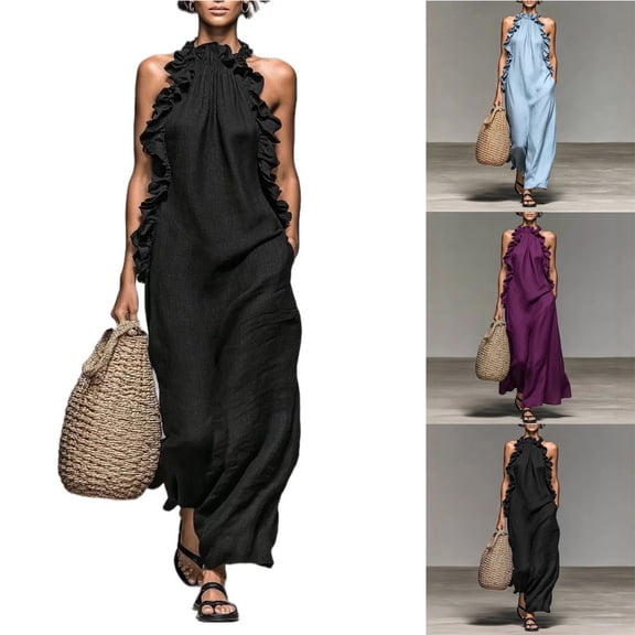 Smsaxvxz Summer Dresses for Women Fashion Round Neck Sleeveless Ruffle Dress Casual Solid Loose Maxi Sundress Black M