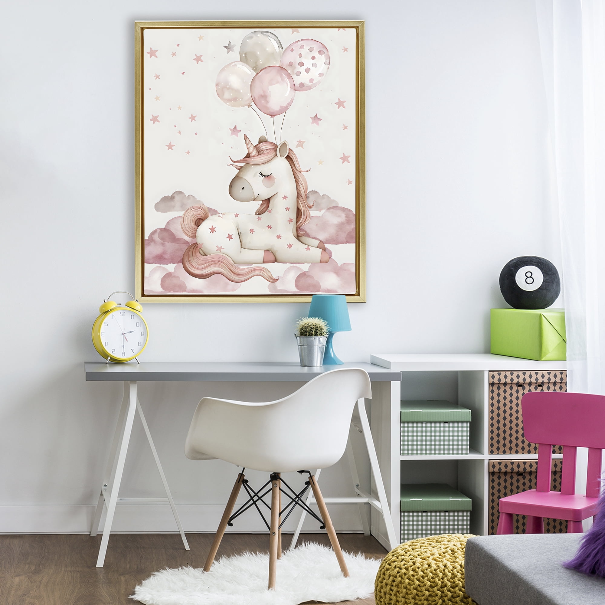 Stupell Industries Pink Unicorn with Balloons Gold Framed Floater Canvas Wall Art, design by LSR Design Studio