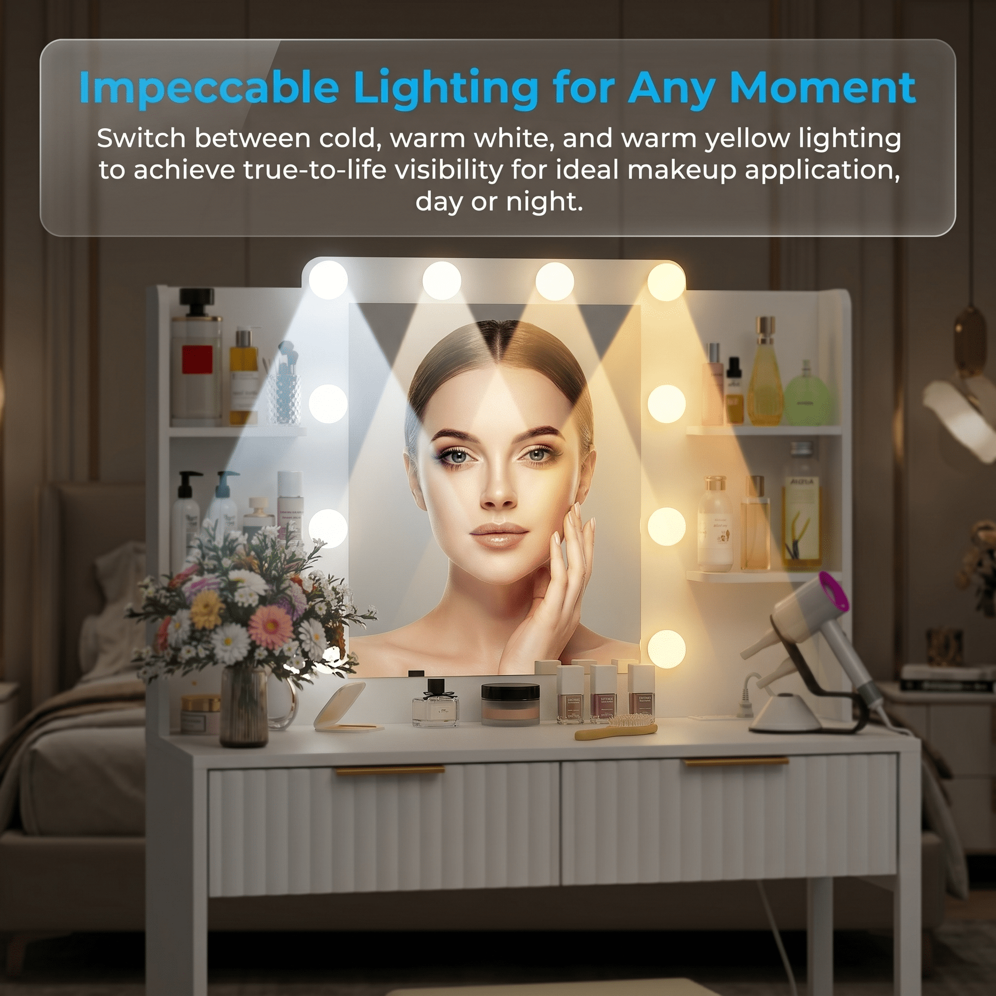 Zimtown Modern Makeup Vanity Table Set with LED Lights , Mirror and Charging Station, Dressing Desk with 2 Drawers for Bedroom, White