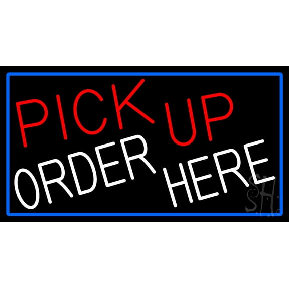 Pick Up Order Here With Blue Border LED Neon Sign 13 x 24 - inches, Clear Edge Cut Acrylic Backing, with Dimmer - Bright and Premium built indoor LED Neon Sign for Bar decor.