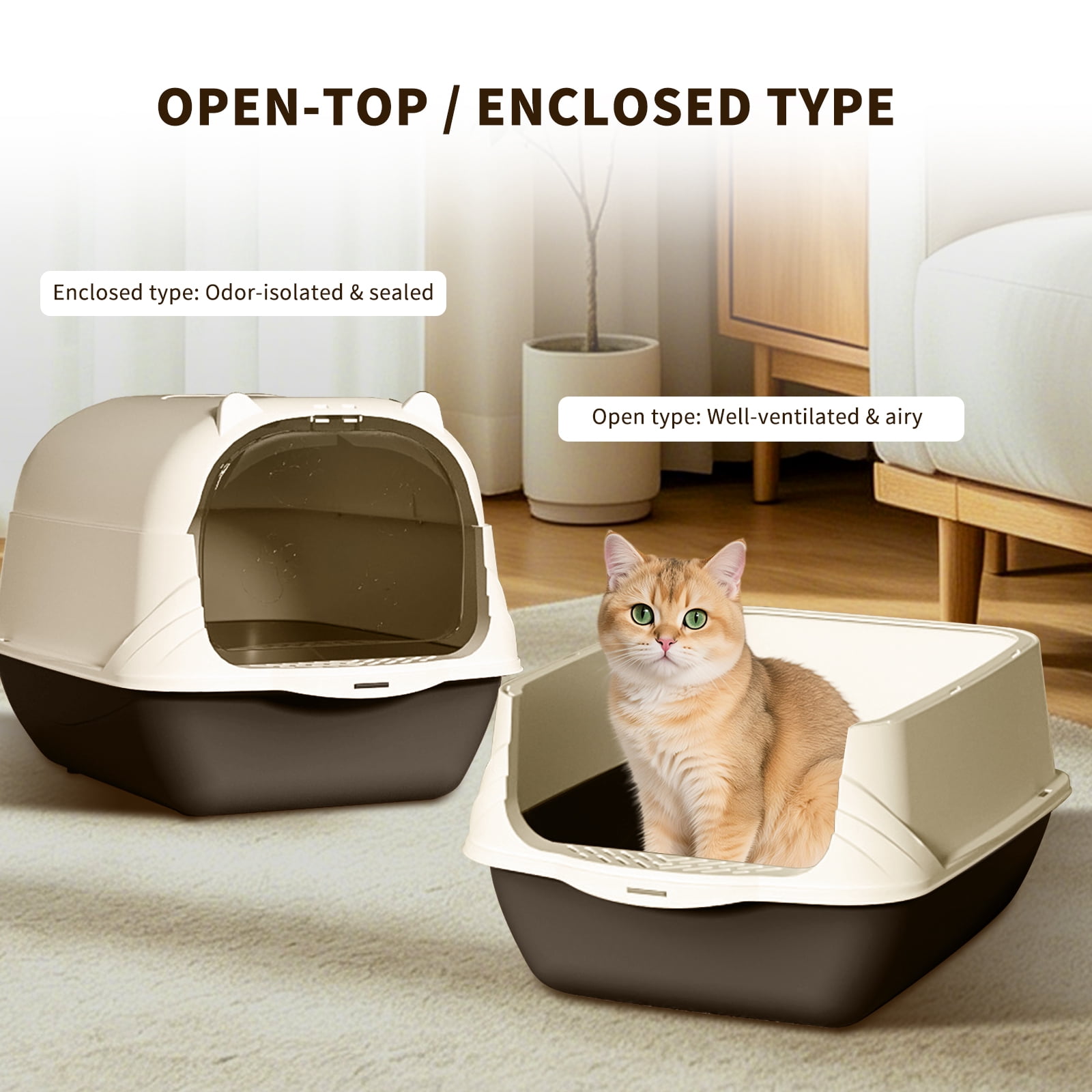 Portable Cat Litter Box with Handle, Large Space Design, Fully Enclosed Front Entry & Litter Filter Pedal, Covered Kitty Toilet for Odor Control, Black