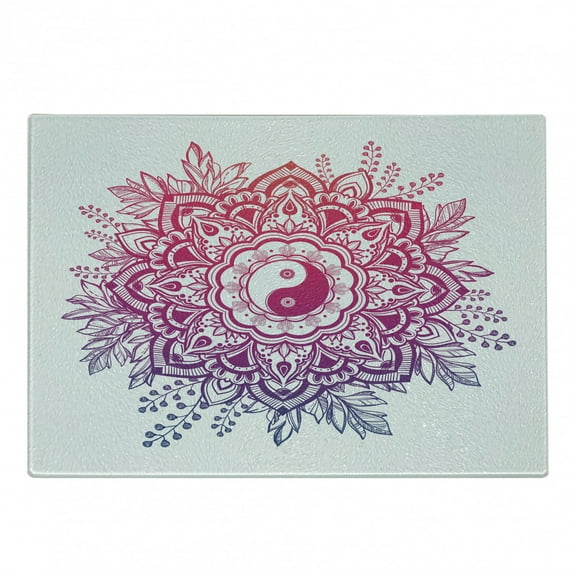 Mandala Cutting Board, Yin and Yang Lotus Mystic Themed Chinese Crown of Leaves Motif, Decorative Tempered Glass Cutting and Serving Board, Small Size, Violet Magenta Pink, by Ambesonne