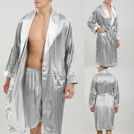 

Fiudx Men Solid Casual Long Sleeves Lace-up Check Home Pocket Long Pajama Robe Shorts 631