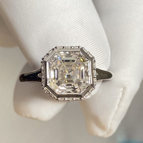 Diastar Asscher Cut Cubic Zirconia Engagement Ring, Bezel Set Solitaire Wedding Ring, Halo Style Ring, 14K White Gold Finish Ring Gift