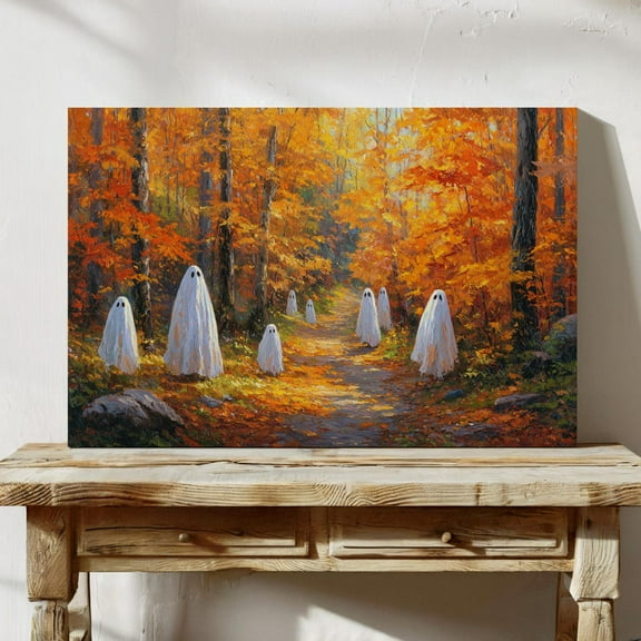 Velto Ghosts On Autumn Forest Path | Whimsical Fall Landscape Canvas, 8x10 0.75-Inch Pine Wood Frame
