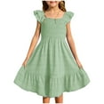 thumbnail image 1 of XIMIN Robes Décontractées pour Filles, Robe Midi à Encolure Carrée Froncée avec Manches à Volants et Poches, Sans Manches, Fluide, Robe d'Été pour la Plage, les Vacances et le Quotidien (Vert, 13-14 Ans), 1 of 5