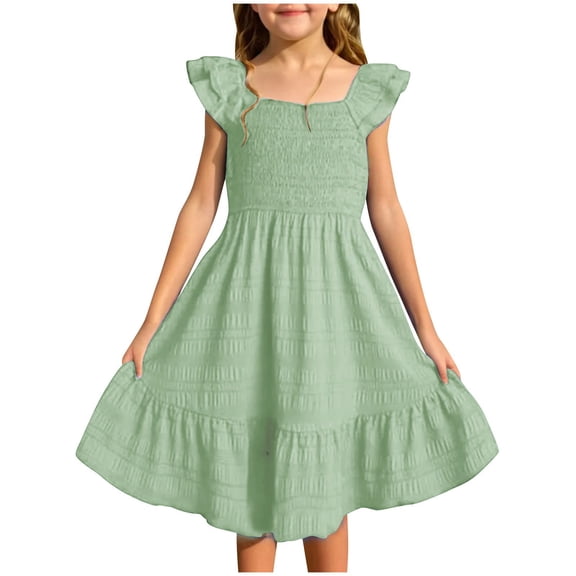 EnJoCho Girls 𝖥lowy Summer Dress Double Layer Rufle Sleeve Smoc𝗄ed A-Line Casual Dress Airy Comfortable Versatile Play-dates 6-15 Years