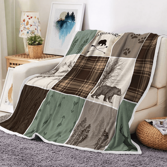 Rustic Retro Cabin Throw Blanket, Bear Deer Wild Animal Super Soft Flannel Bed Throw Blanket for Couch, Brown Country Hunting Couch Sofa Bed Camping Travel Picnic Outdoor Blanket,50X60in