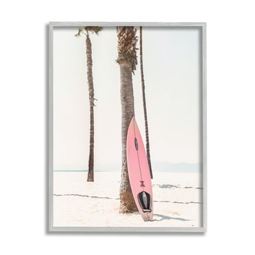 Stupell Industries Pink Surfboard on Coast Nature Photography Gray Framed Art Print Wall Art, 11 x 14