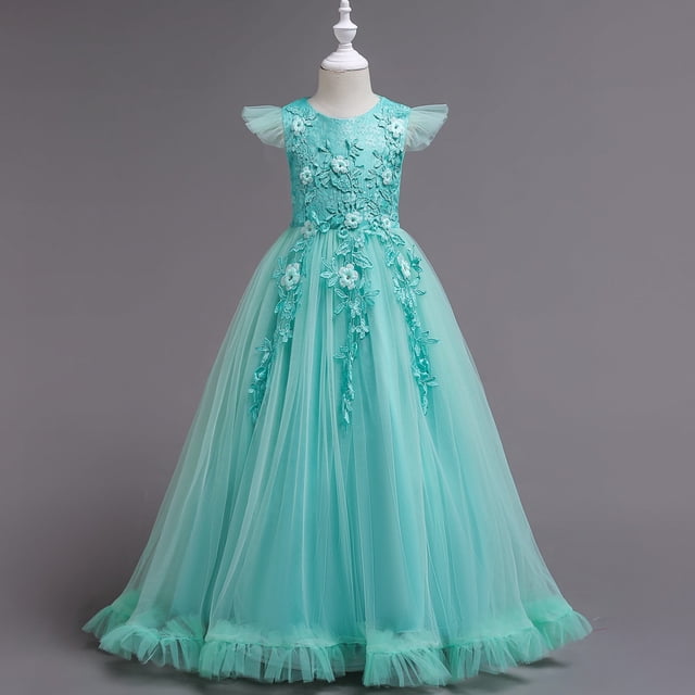 Bon Rapport Qualité-Prix, Robe d'Été pour Fille, Sans Manches à Volants en Dentelle, Broderie à Col Rond, Jupe Princesse en Tulle avec Nœud, Décontractée pour Fête, Tenue de Festival, Légère, Respirante, Âge 4-12 Pratique et Stylée