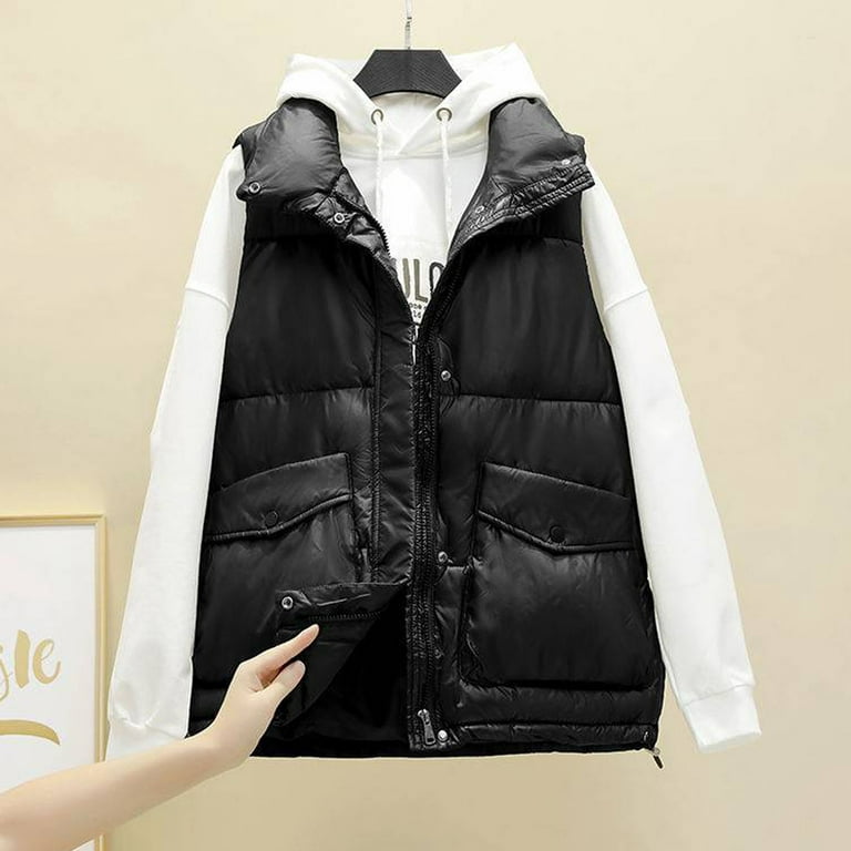 CAICJ98 Womens Vests Outerwear Women's Lightweight Zip Up Hooded Vest  Fashion Sleeveless Quilted jacket With Pockets Black,L