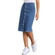 thumbnail image 4 of Falda de mezclilla de botón casual para mujer Inspire Chic, de cintura alta, con dobladillo deshilachado, falda midi de mezclilla, talla S, azul medio, 4 of 5