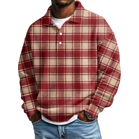 OIOLOYJM Mens Waffle Polo Shirts 2026 Casual Plaid Long Length Sleeve Knit Button Up Golf Shirts Basic Muscle Fit T Shirts Spring Gym Athletic Pullover Saffron S