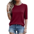 thumbnail image 4 of Lmnyox Summer T Shirt for Women Solid Color Half Sleeve Round Neck Tee Shirt Trendy Loose Ribbed Knit Basic Tops, 4 of 7