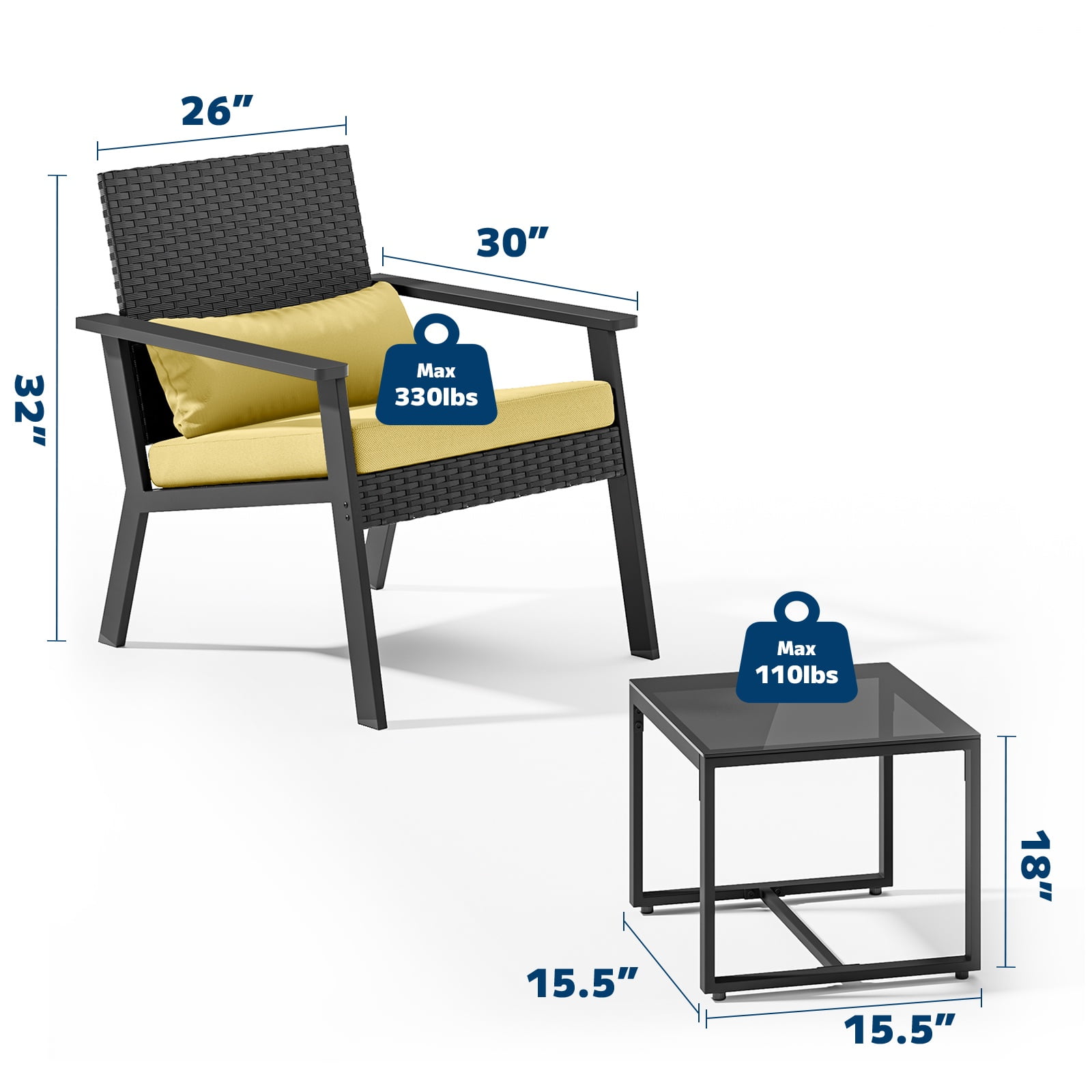 Asofer Patio Furniture Set, 3 Pieces Wicker Patio Bistro Set with Glass Table and Cushion for Balcony, Porch, Lawn, Beige