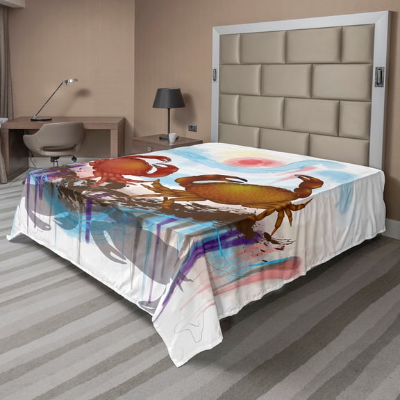 Ambesonne Abstract Flat Sheet, 2 Crabs Dancing Sea, King Size, Brown Pale Blue