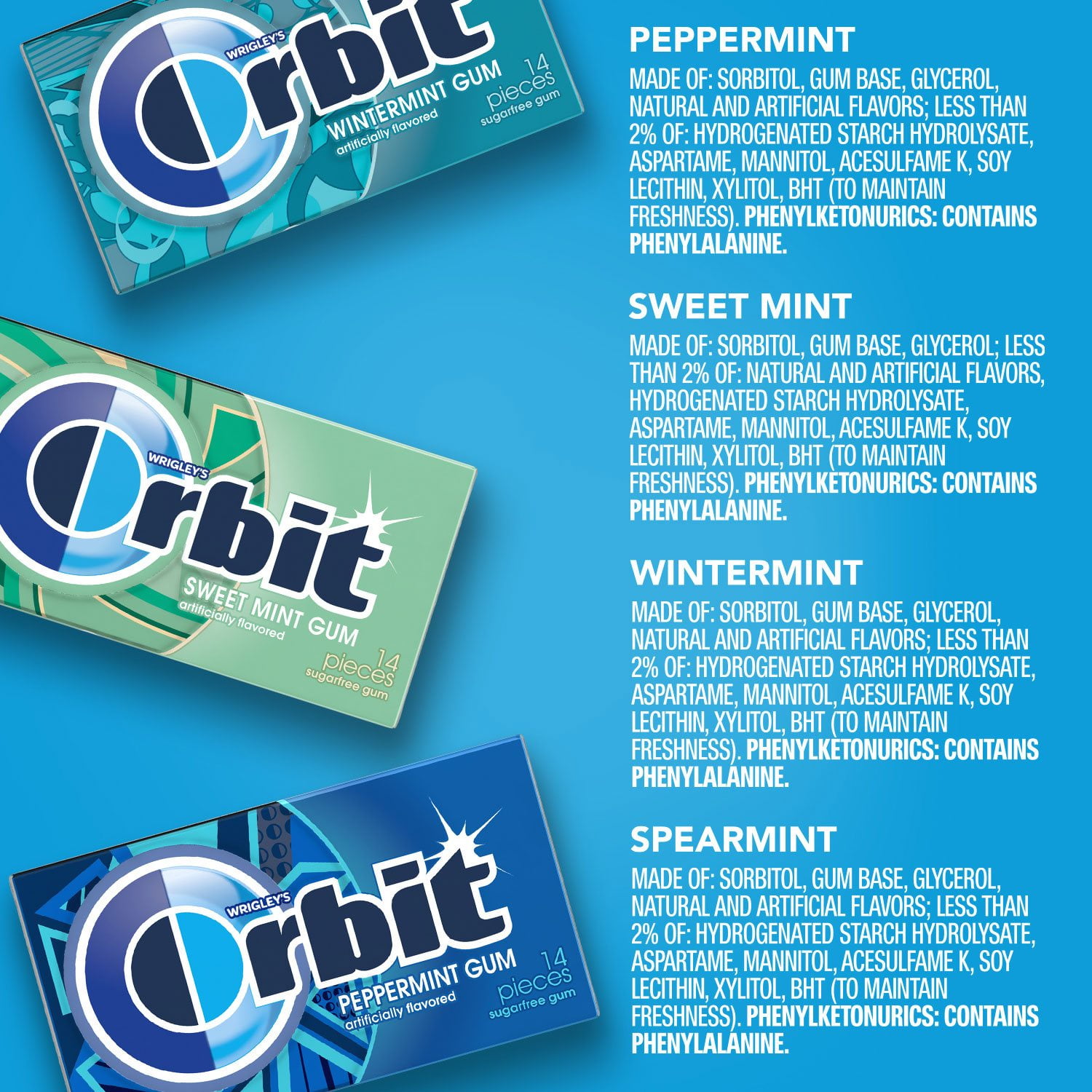 Orbit Sugar-Free Gum Mint Variety Pack, 14 Piece Packs, 18 Ct