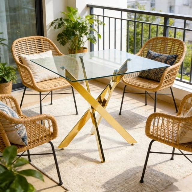 Square Glass Dining Table - Chrome Metal Legs, Clear Glass Table Top, Modern Dining Table for Home Kitchen Dining Room