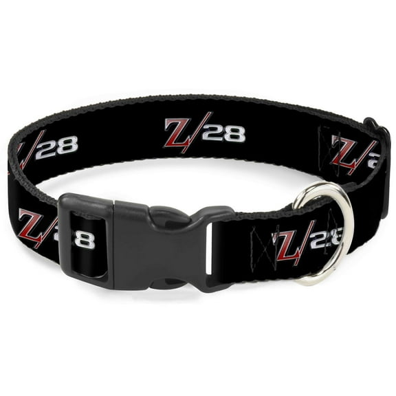 GM General Motors Pet Collar, Dog Collar Plastic Buckle, 1969 Camaro Z 28 Emblem Black Silvers Red, 7 to 8.5 Inches 0.5 Inch Wide