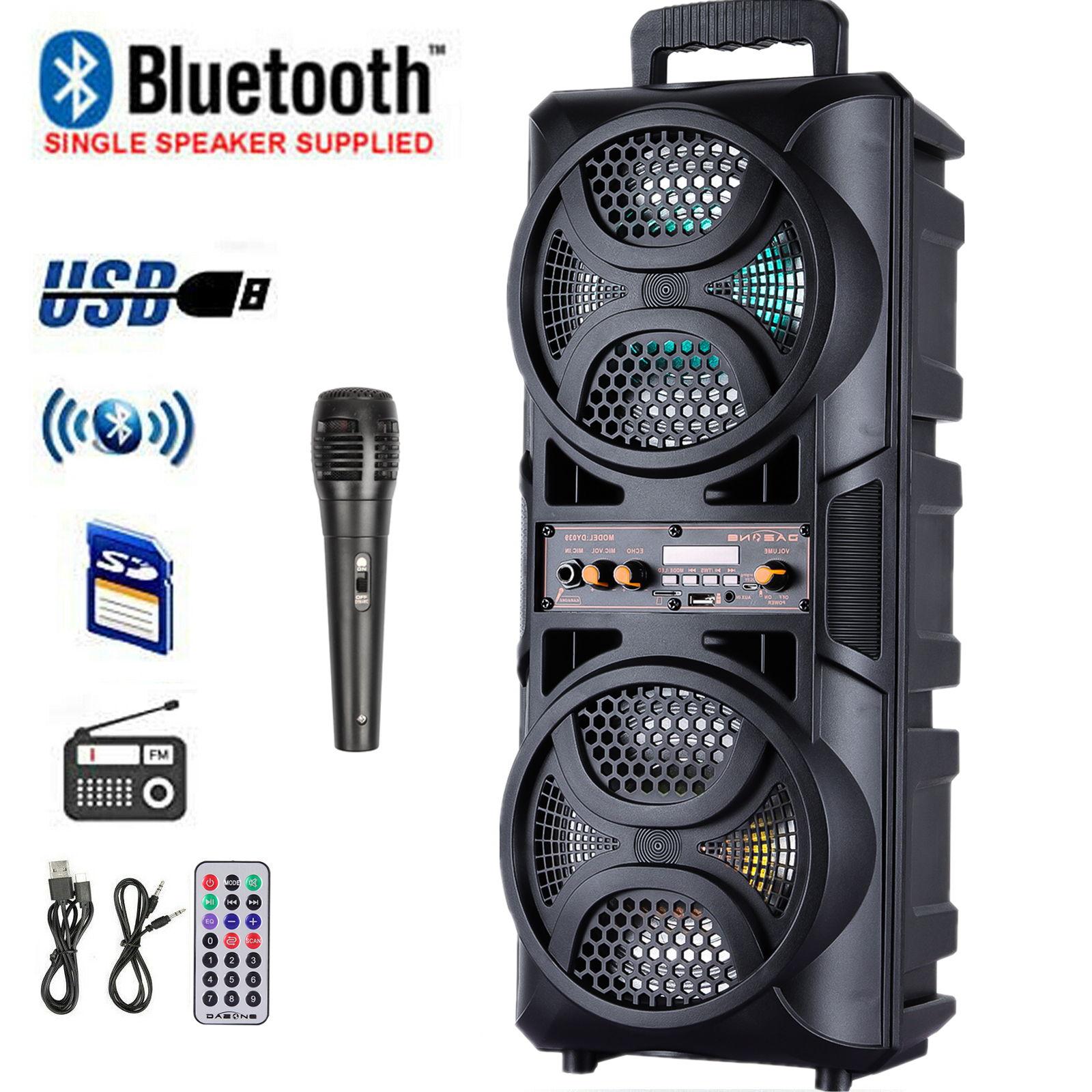 Dazone Dual 6.5" Woofer Portable FM Bluetooth Party Speaker Heavy Bass Sound Remote Control