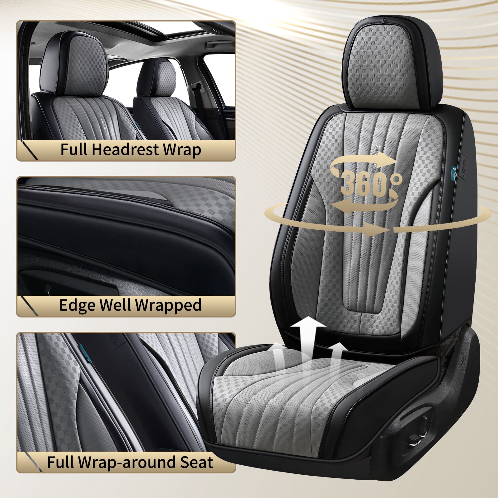 FLORICH Car Seat Covers, 5 Seats Waterproof Faux Leather Seat Cushions, Auto Protectors Universal Fit Most Cars, Black&Gray
