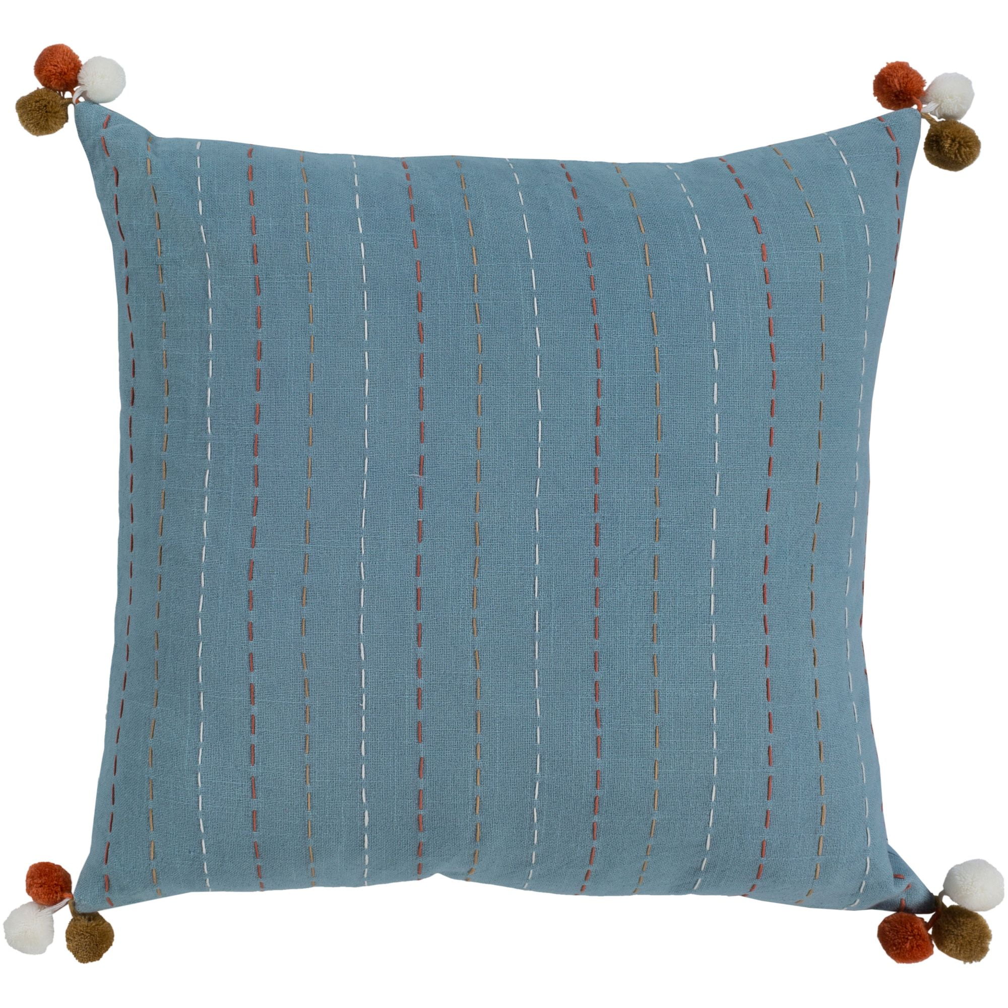 20" Denim Blue Square Woven Throw Pillow Cover with Pom Pom Edge