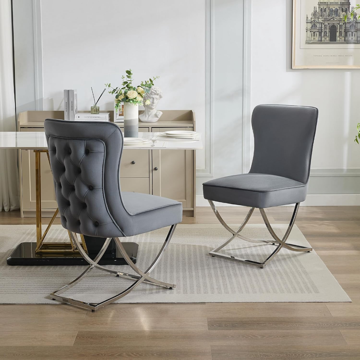 2PCS Luxury Velvet Dining Chairs, Tufted Upholstered Armless Accent Chairs with Silver Metal X-Legs, Modern Glam Dining Chair Kitchen Chairs, Dark gray