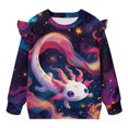 thumbnail image 5 of Xoenoiee Galaxy Axolotl Star Print Girls Sweatshirt Graphic Jackets Ruffle Shoulder Pullover Top Casual Long Sleeve Shirt Toddler Kids Crewneck Sweater Fall Outfits, Size 2-3 Years, 5 of 7