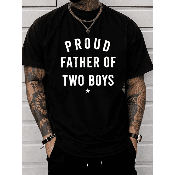 Men's Proud Father Graphic T Shirt, Two Boys Dad Letter Print Short Sleeve Casual Cotton Tee, Father's Day Gift Shirt