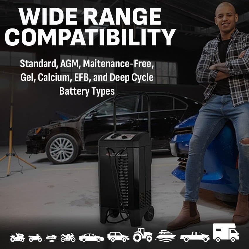 Electric Wheeled Manual 10A Car Battery Charger and 250A Engine Starter, 50A Boost, 12V Sport, Auto, and Marine Batteries,2-in-1 Solution
