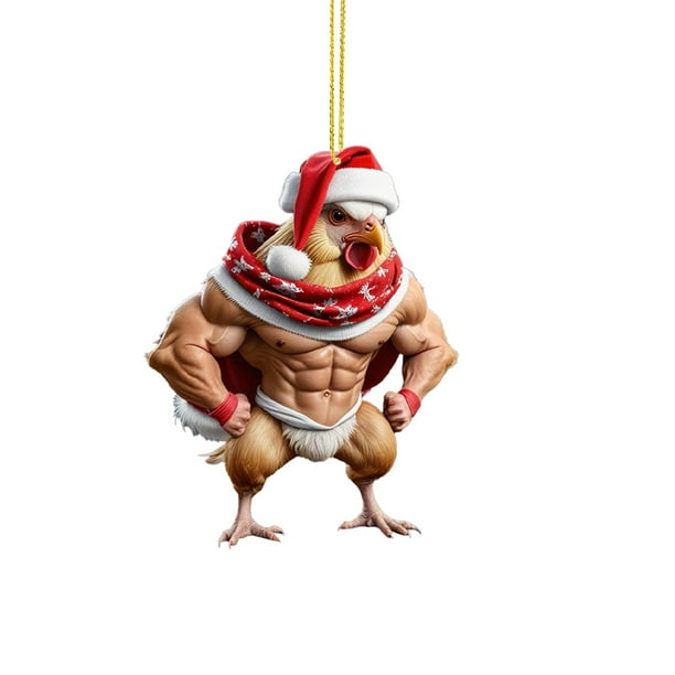 Adorno navideño 2D con pollo musculoso Adorno para árbol de Navidad Adorno con pollo musculoso impreso por ambos lados Adorno interesante para Navidad