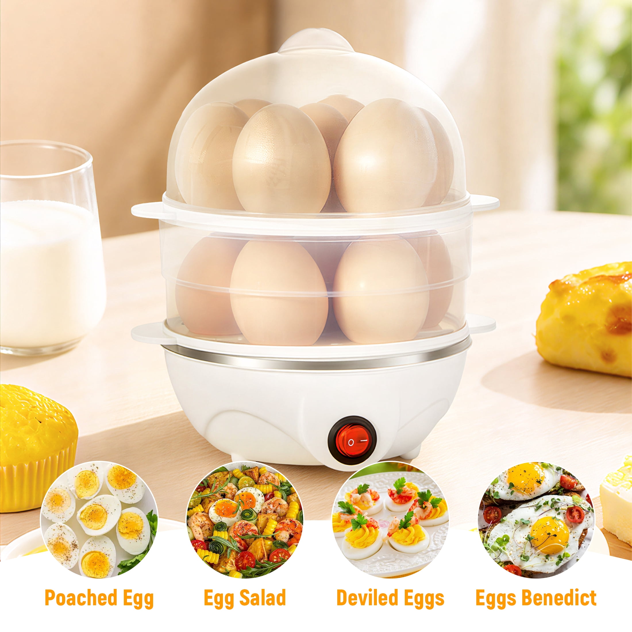 GARITIN Electric Egg Cooker for Hard Boiled Eggs, Poacher Eggs, Omelet Maker & Vegetable Steamer, 14 Egg Double-Tier, Auto Shut Off Boiled Egg Maker, White