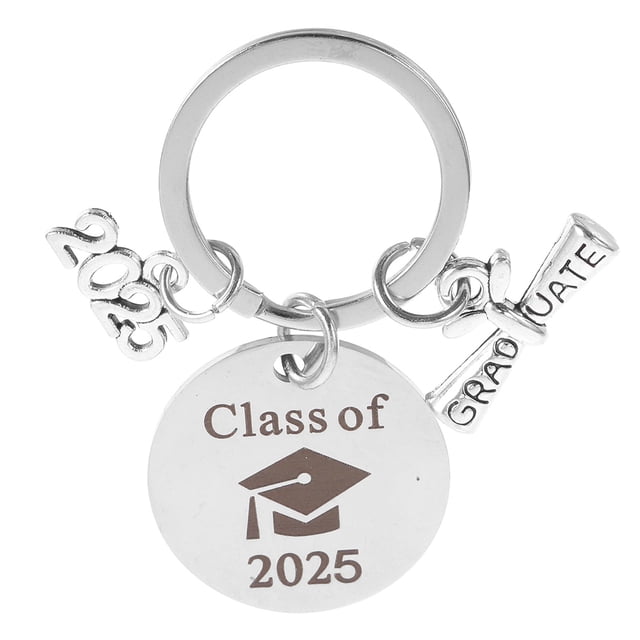 Llavero de graduación para familiares y amigos, de acero inoxidable, 25 mm, recuerdo de la clase de 2025, regalo de graduación inspirador para él o ella, color plateado.