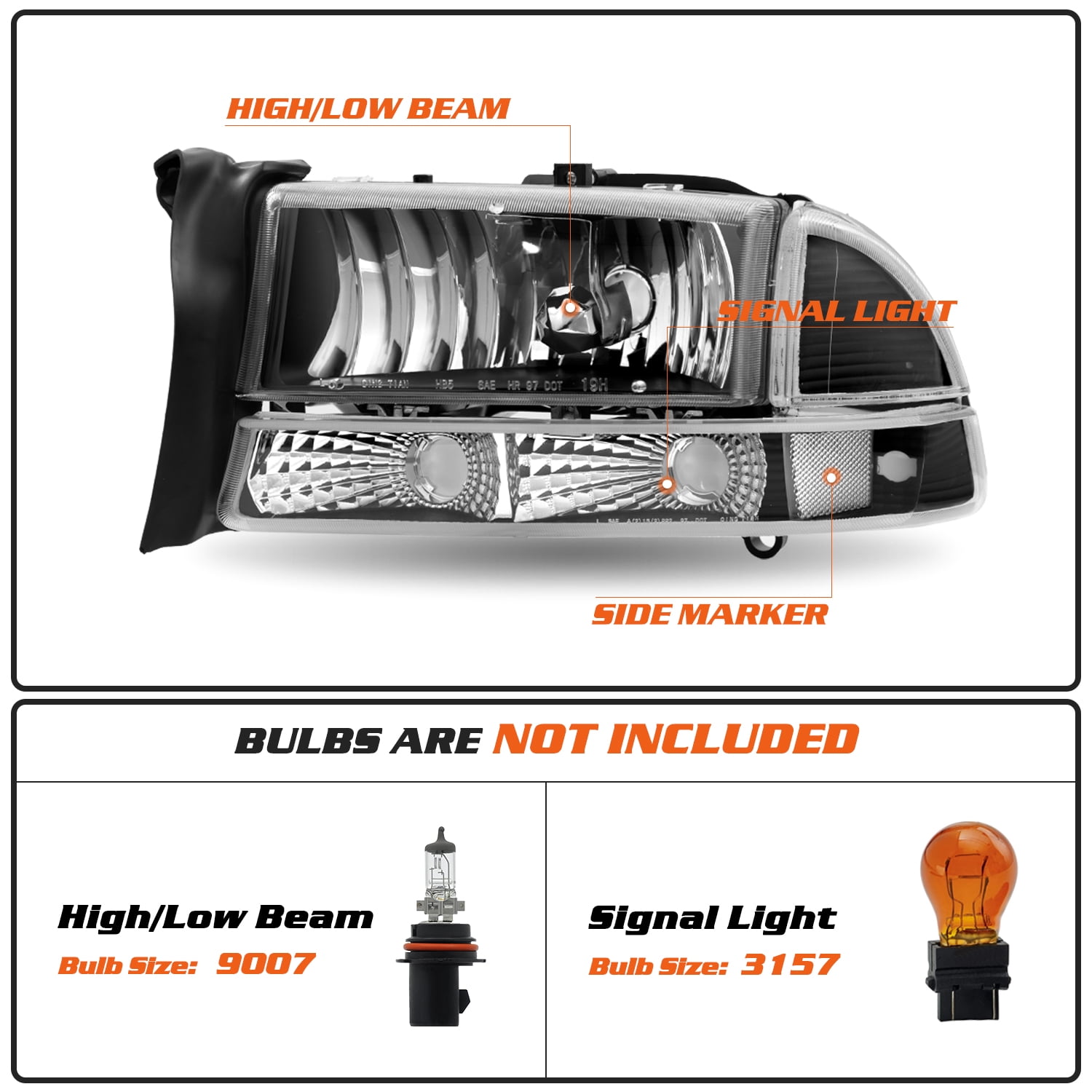 For 1997-2004 Dodge Dakota 1998-2003 Durango Black Clear Headlight Assembly Pair