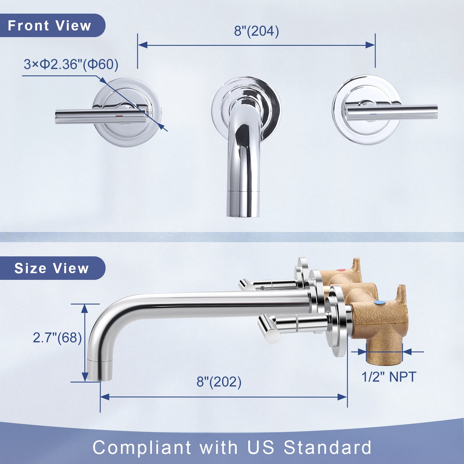 Double Handle Wall Mounted Bathroom Faucet with Rough-in Valve Included in Solid Brass Polished Chrome