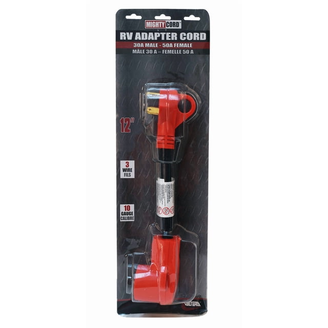 Valterra Power Cord Adapter A10-3050FHVP Mighty Cord; For Connecting RV Power Inlet To Standard Power Source; 30 Amp Male To 50 Amp Female; 30 Amp; 12 Inch Dog Bone; Non Locking; Not Waterproof